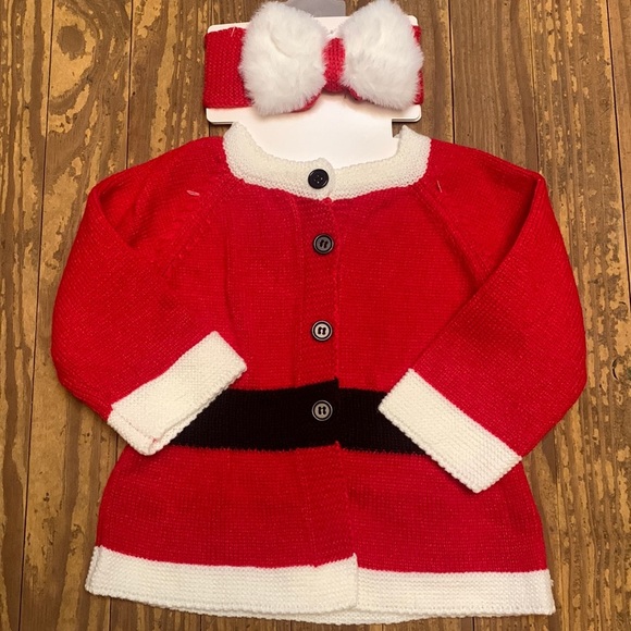 Christmas Santa Baby Sweater Cardigan & Headband Bow Set 🎅🏻 NEW 6-12 months - Picture 1 of 3